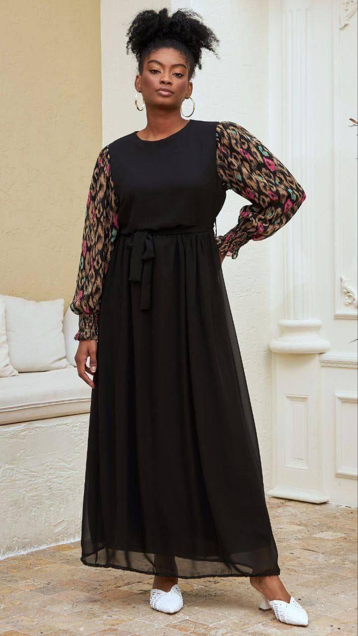 Siyah-Karışık Kolları Desenli Uzun Tesettür Elbise Fdl1436