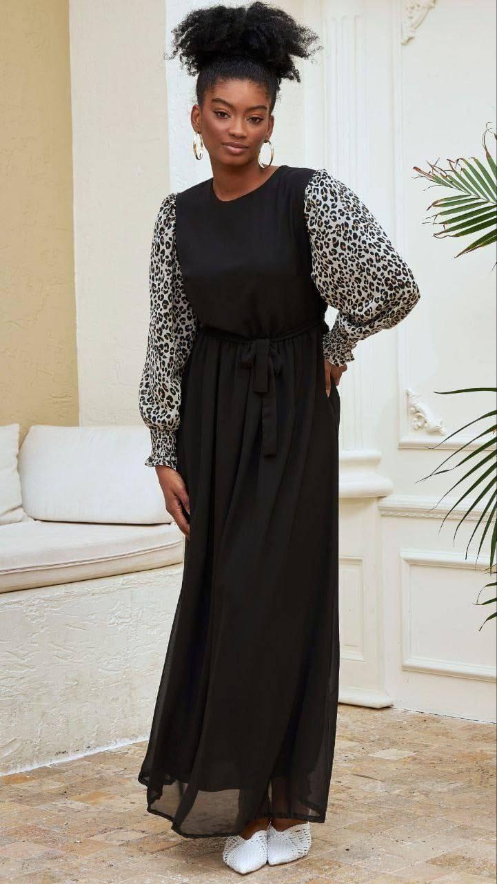 Siyah-Leopar Kolları Desenli Uzun Tesettür Elbise Fdl1436