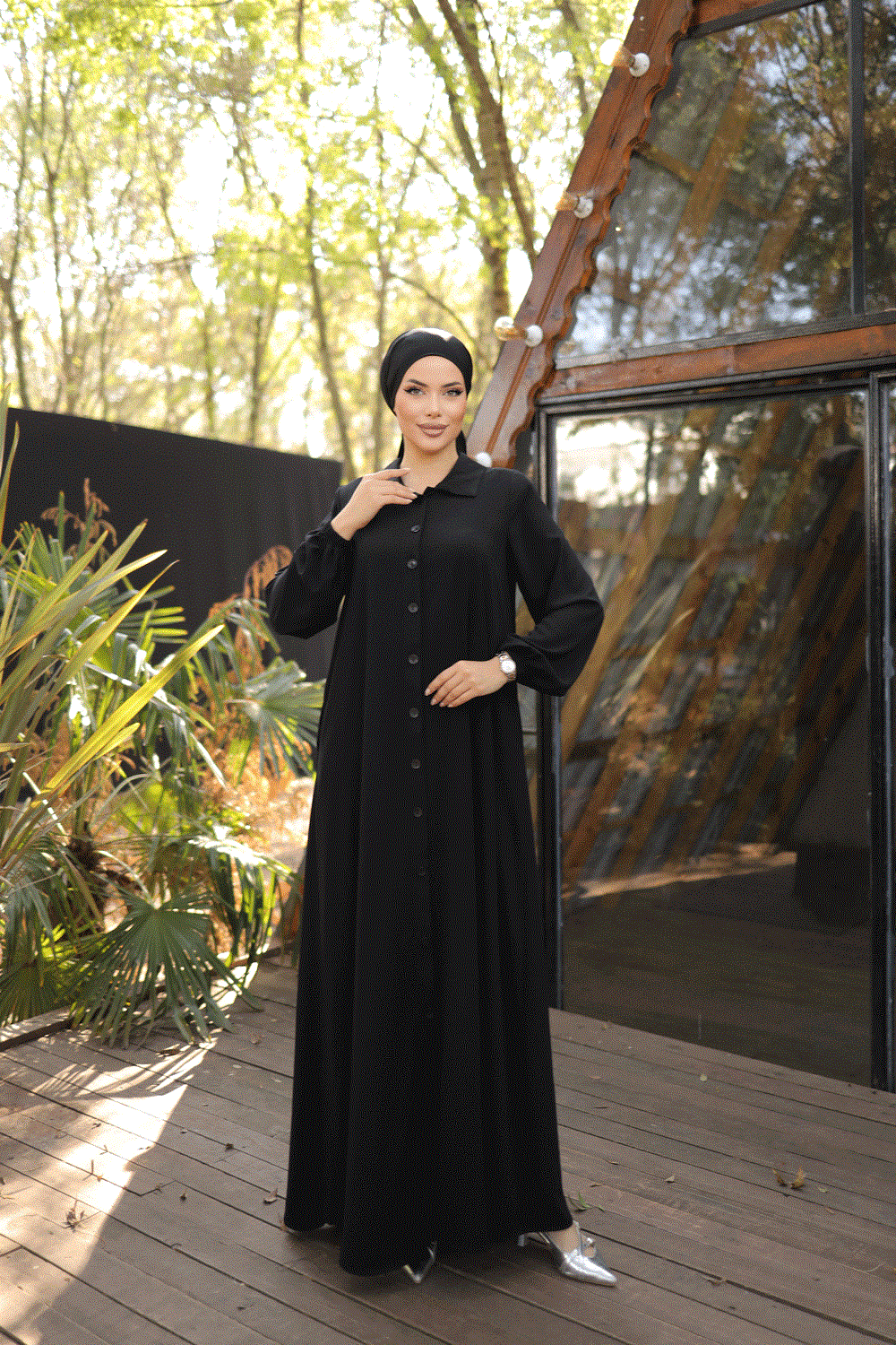 Siyah Tam Boy Düğmeli Ferace 5000