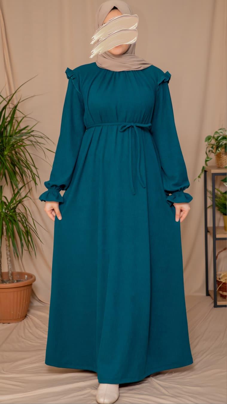 Zümrüt Yeşili Omuzdan Fırfırlı Elbise 5128