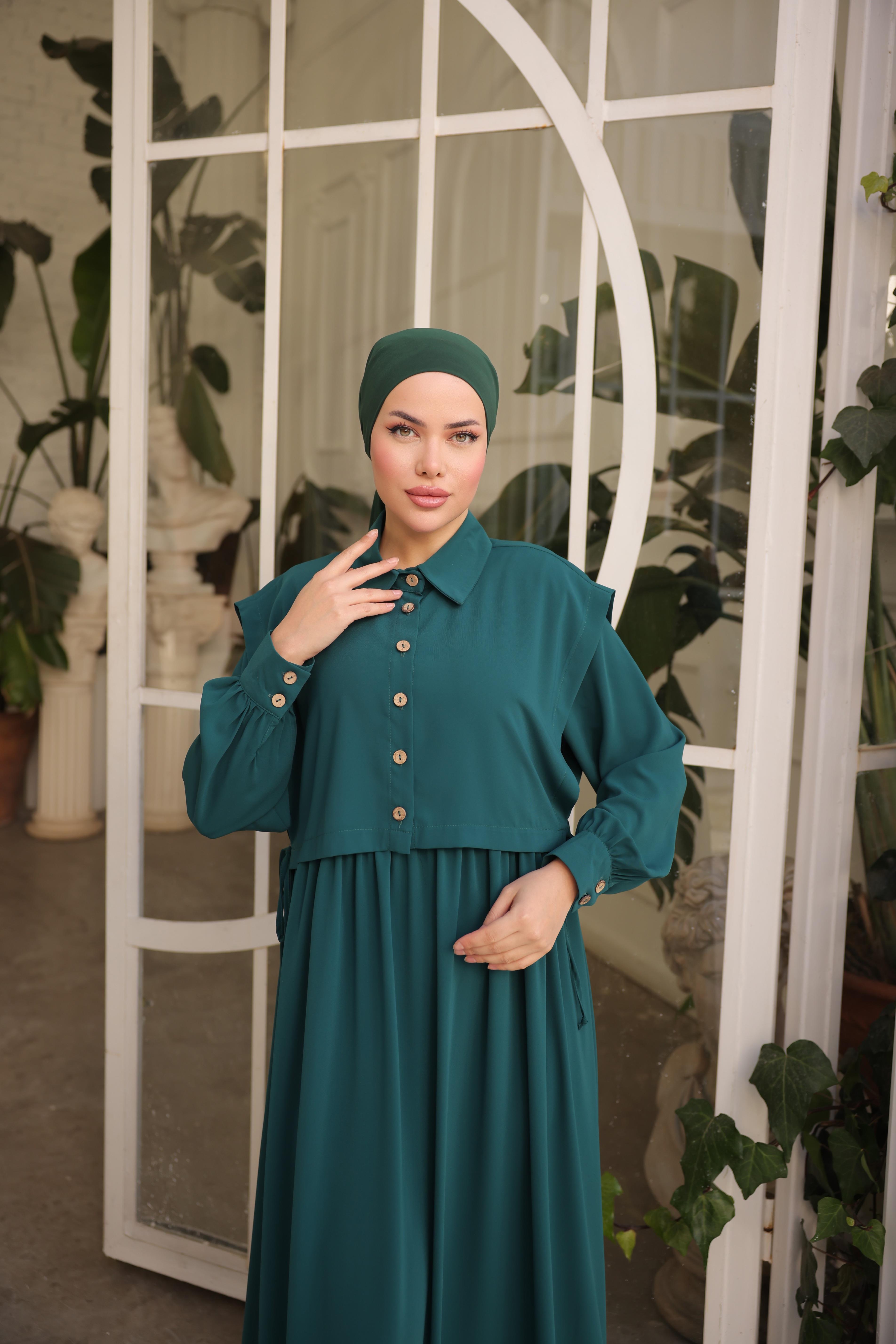 Zümrüt Yeşili Önlüklü Medine İpeği Elbise 5065