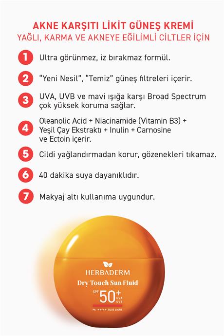 Herbaderm Likit Güneş Kremi SPF 50+ Akne Karşıtı, Hibrit Formül 40 ml