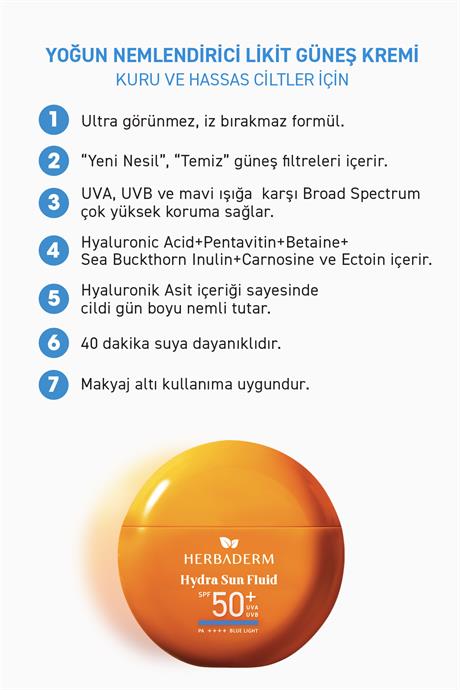 Herbaderm Likit Güneş Kremi, SPF 50+ Yoğun Nemlendirici, Hibrit Formül 40 ml