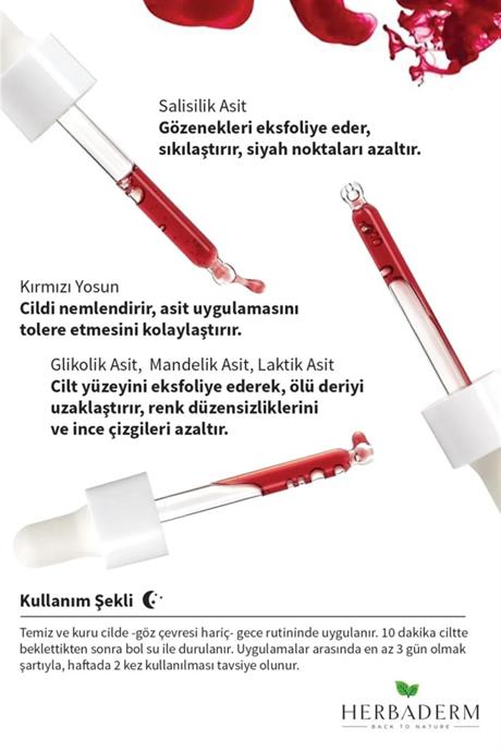 Herbaderm Süper Serum Aydınlatıcı, Renk Eşitleyici Kırmızı Peeling Aha %10 + Bha %2 + Kırmızı Yosun %91 Doğal İçerik 30 Ml