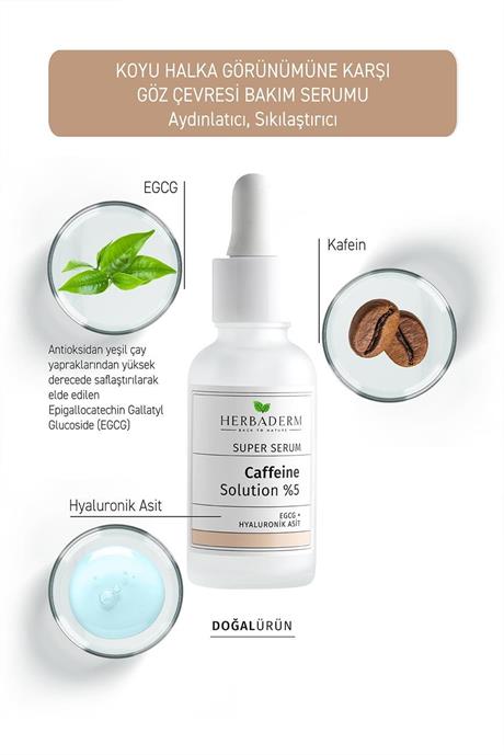 Herbaderm Süper Serum Göz Altı Torba ve Morluklarına Karşı Göz Çevresi Bakım Serumu Kafein + Hyaluronik Asit + EGCG %96 Doğal İçerik 30 Ml