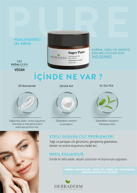 Herbaderm Yağlanmayı Azaltıcı Gözenek Sıkılaştırıcı, Sivilce ve Leke Oluşumuna Karşı Nemlendirici Jel Krem SUPER PURE Niacinamide %5+ Zinc PCA %1  %83 Doğal İçerik