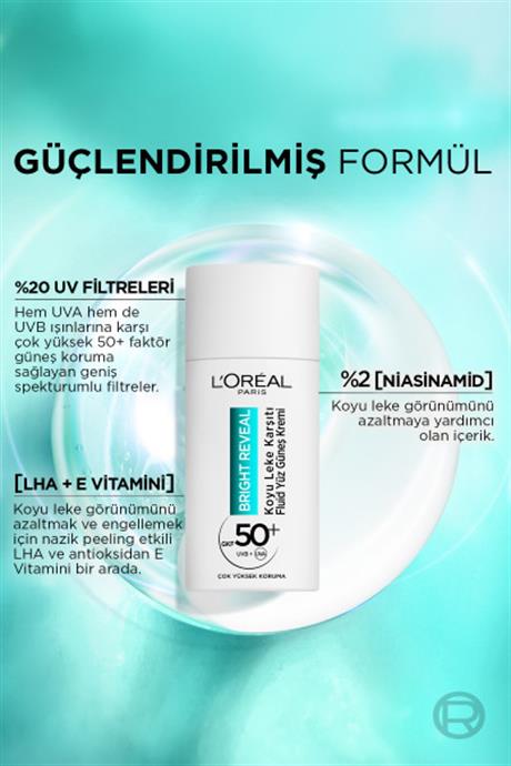 Loreal Paris Bright Reveal Spf 50+ Koyu Leke Karşıtı Fluid Günlük Yüz Güneş Kremi 50ml