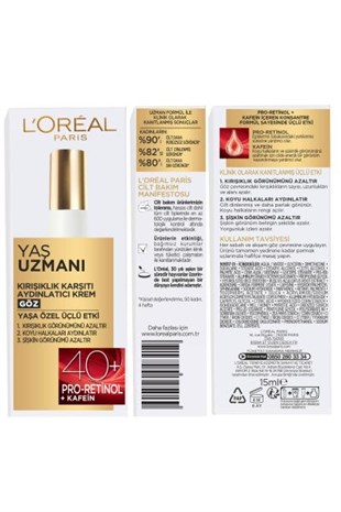 LOréal Paris Yaş Uzmanı 40+ Kırışıklık Karşıtı Aydınlatıcı Göz Kremi