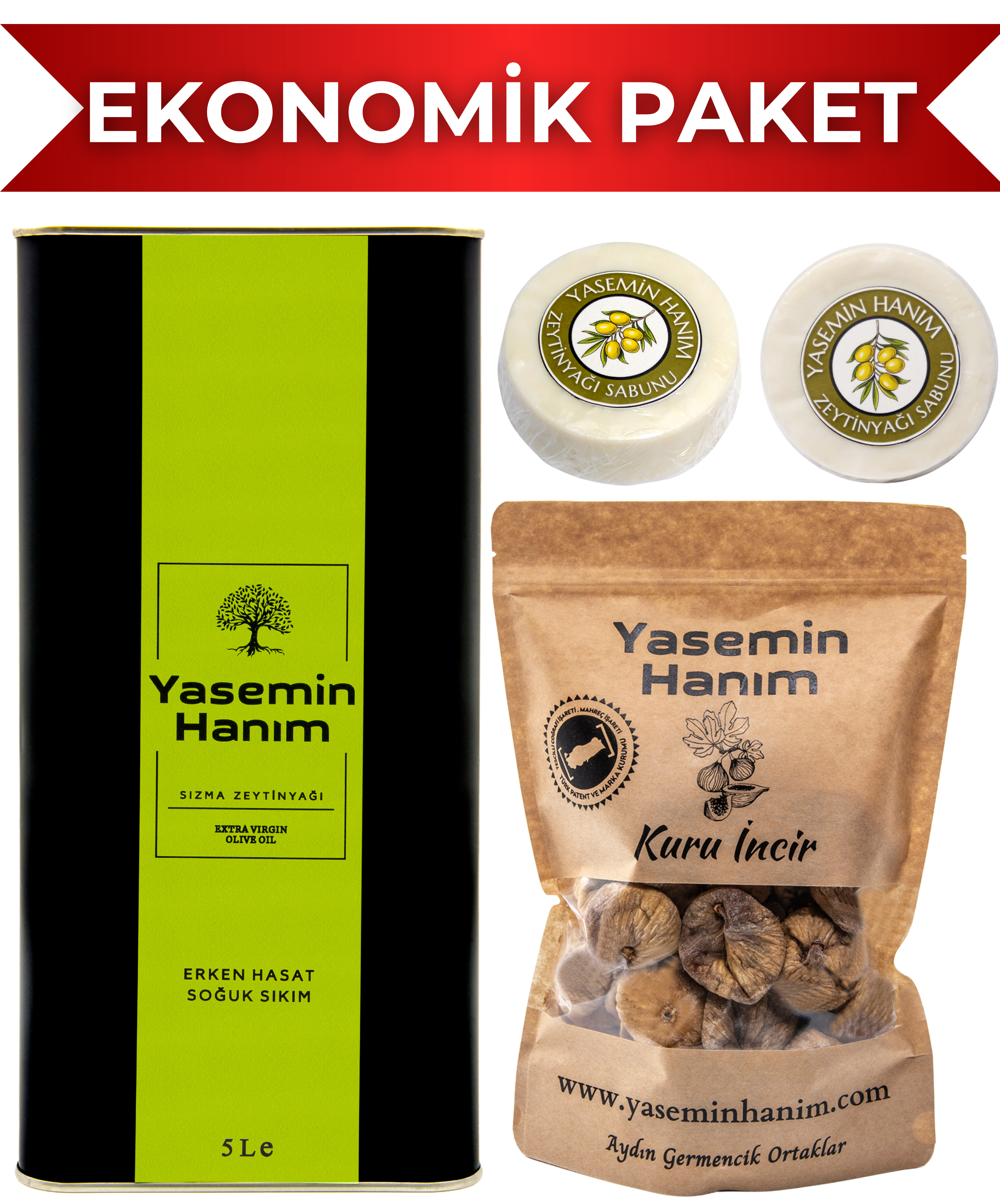 Üçlü Ekonomik Paket Yasemin Hanım Erken Hasat Soğuk Sıkım Naturel Sızma Zeytinyağı 450Gr Aydın Kuru İncir İki Adet Zeytinyağı Sabunu