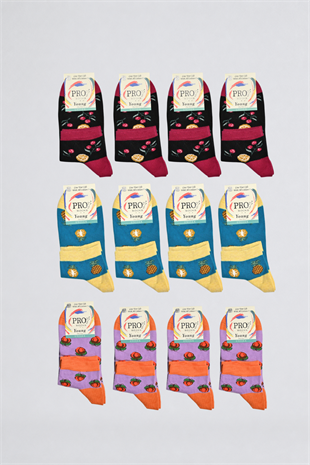 Fruits Unisex Pamuklu Çorap 12li Renkli Desenli Günlük Çorap