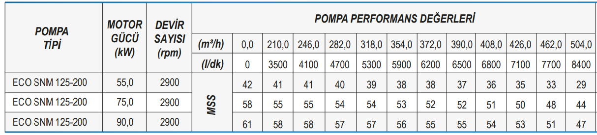 Standart Pompa ECO SNM 125 Serisi Monoblok Santrifüj Pompa Tablo