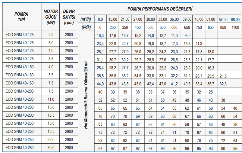 Standart Pompa ECO SNM 40 Serisi Monoblok Santrifüj Pompa Tablo