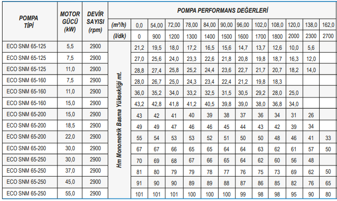 Standart Pompa ECO SNM 65 Serisi Monoblok Santrifüj Pompa Tablo