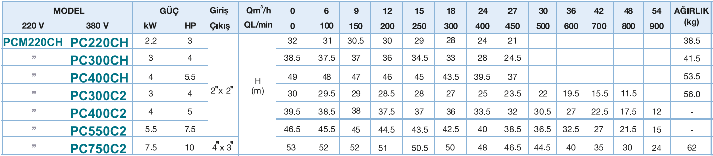 Power Momentum PCM220CH Tek Fanlı Santrifüj Pompa Tablo 