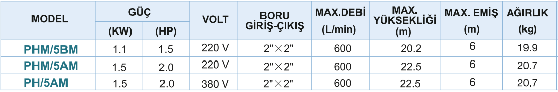 Power Momentum PHM/5BM Tek Fanlı Santrifüj Pompa Tablo