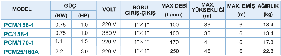 Power Momentum PCM/158-1 Tek Fanlı Santrifüj Pompa Tablo 