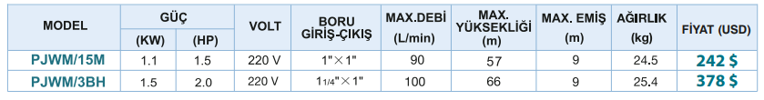 Power Momentum PJWM/15M Döküm Gövde Jet Pompa Tablo 