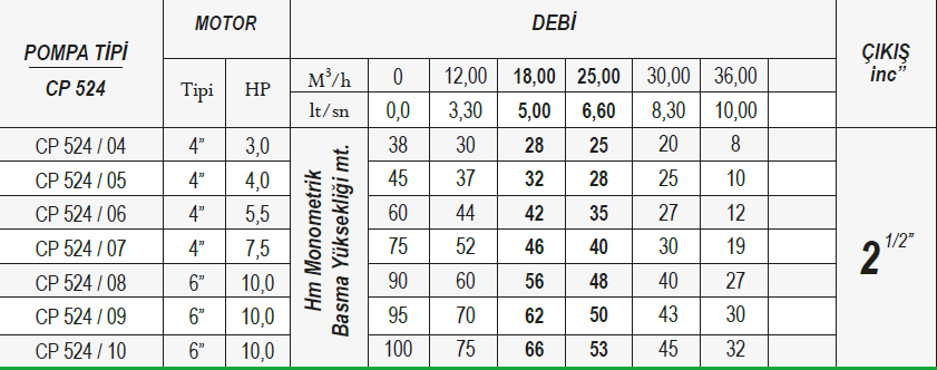 Ulusu 5" 524 serisi döküm dalgıç pompa tablo 