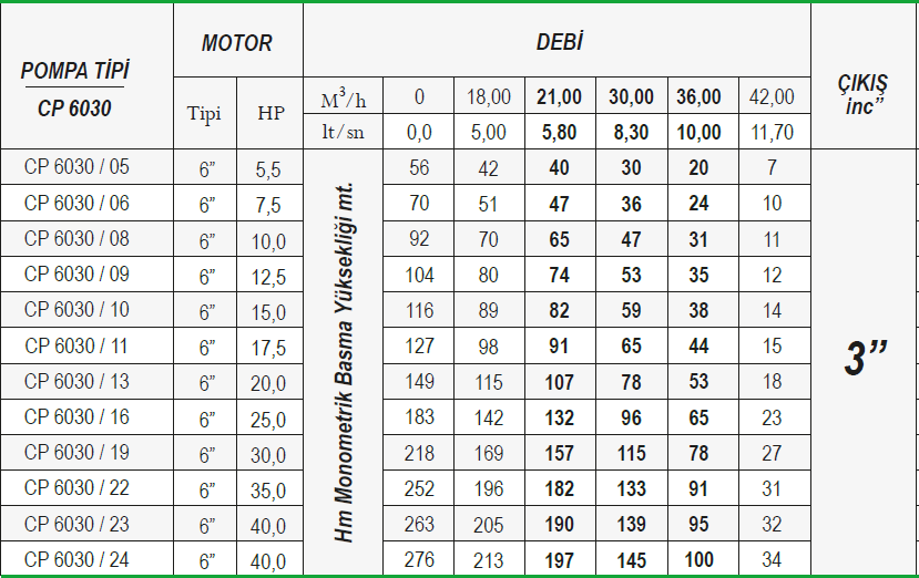 Ulusu 6" 6030 serisi döküm dalgıç pompa tablo 