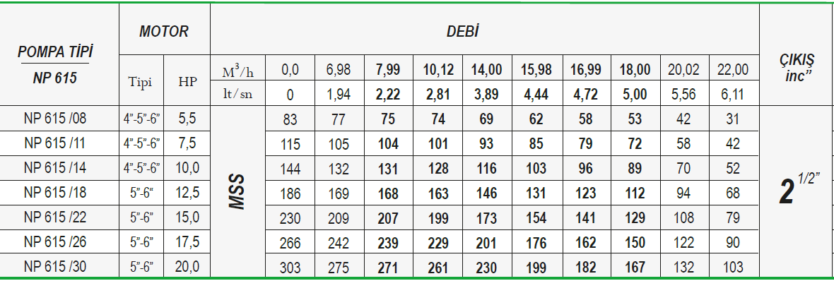 Ulusu 6" 615 serisi noril fanlı dalgıç pompa tablo 