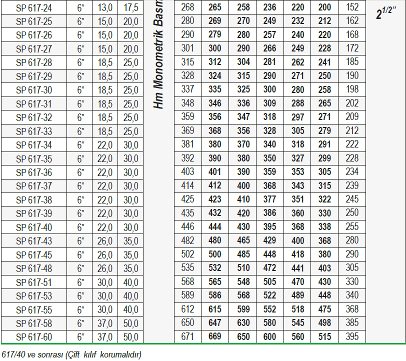 Ulusu 6" 617 serisi paslanmaz dalgıç pompa tablo