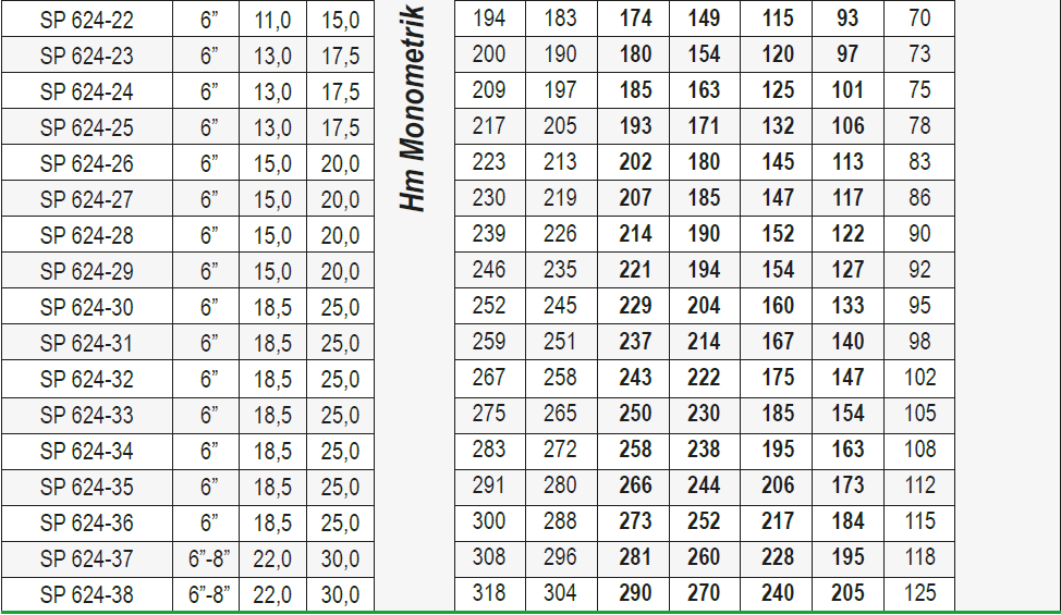 Ulusu 6" 624 serisi dalgıç pompa tablo