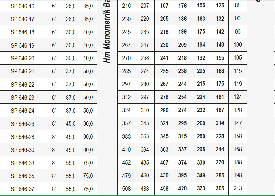 Ulusu 6" 646 serisi paslanmaz dalgıç pompa tablo