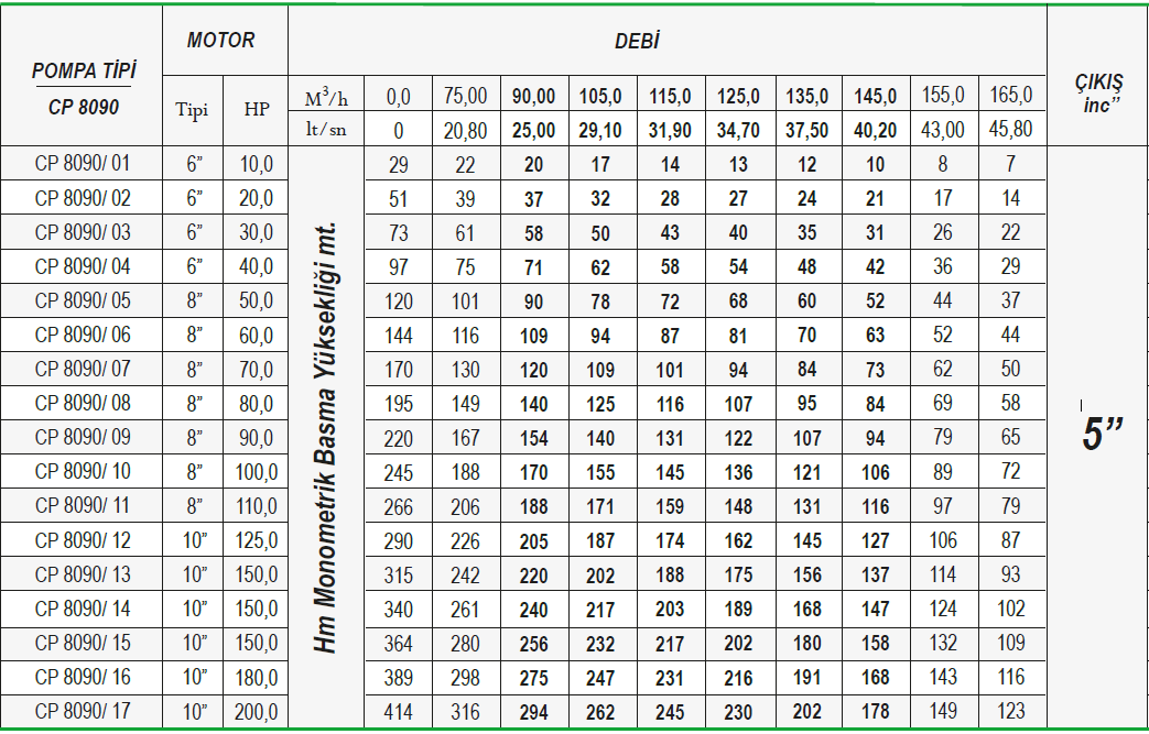 Ulusu 8" 8090 serisi döküm dalgıç pompa tablo