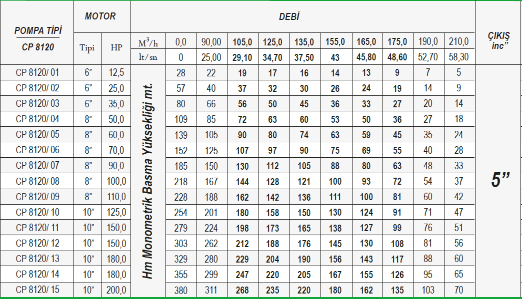 Ulusu 8" 8120 serisi döküm dalgıç pompa tablo