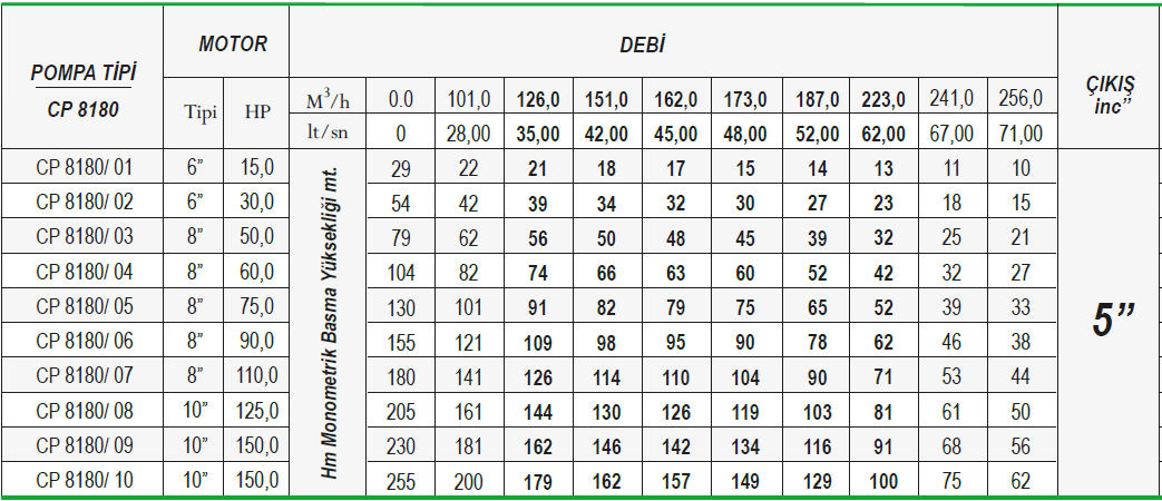 Ulusu 8" 8180 serisi döküm dalgıç pompa tablo