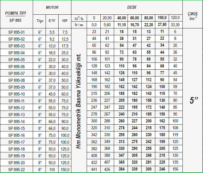 Ulusu 8" 895 serisi paslanmaz dalgıç pompa tablo 