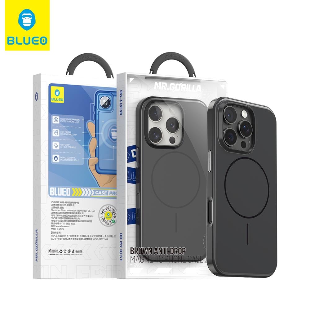 Blueo Brown Magnetic iPhone 16 Pro Uyumlu MagSafe Özellikli Parlak Sert Kılıf Siyah