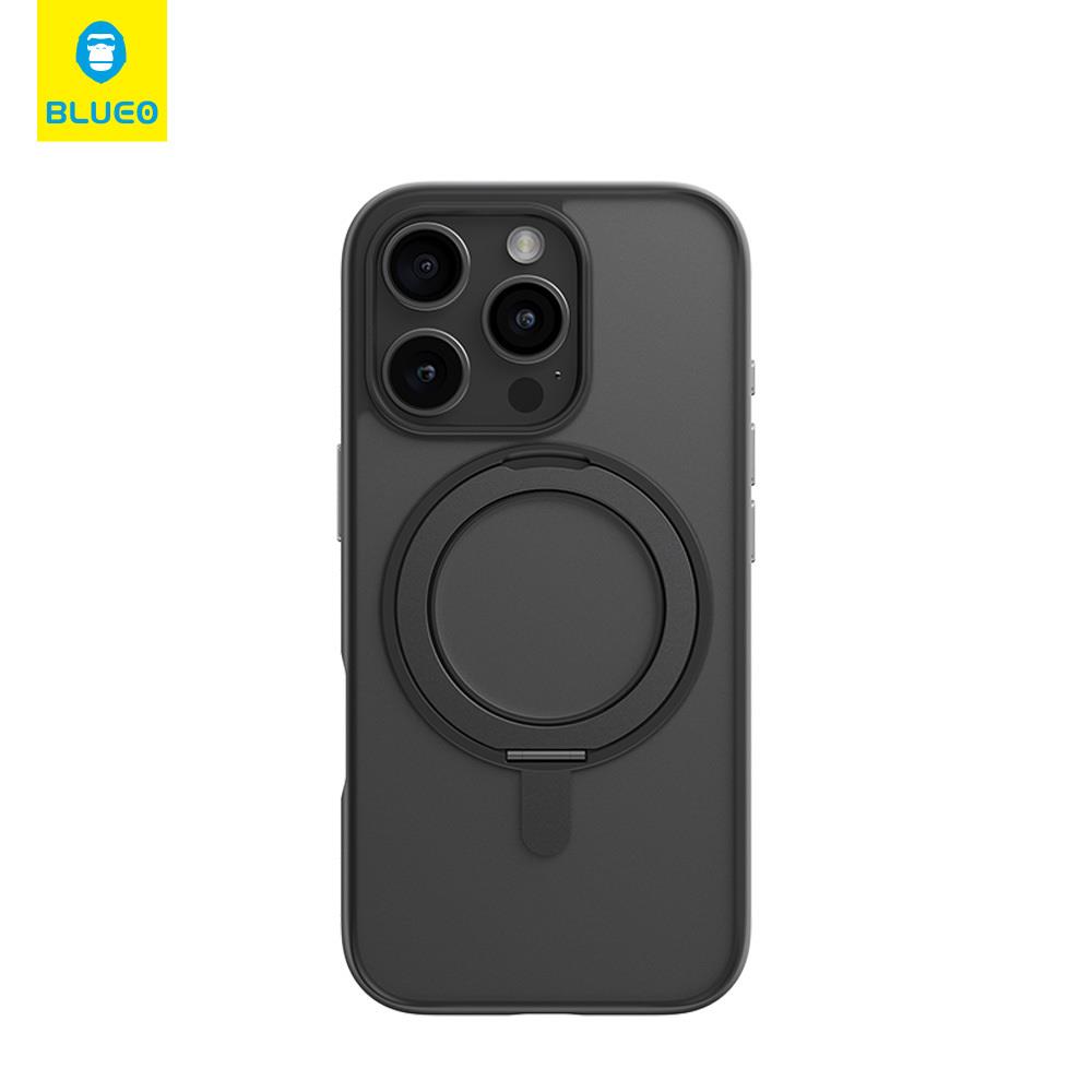 Blueo Friendly Rotatable iPhone 16 Pro Uyumlu MagSafe Mıknatıslı Tutucu Özellikli Buzlu Silikon Kılıf Siyah