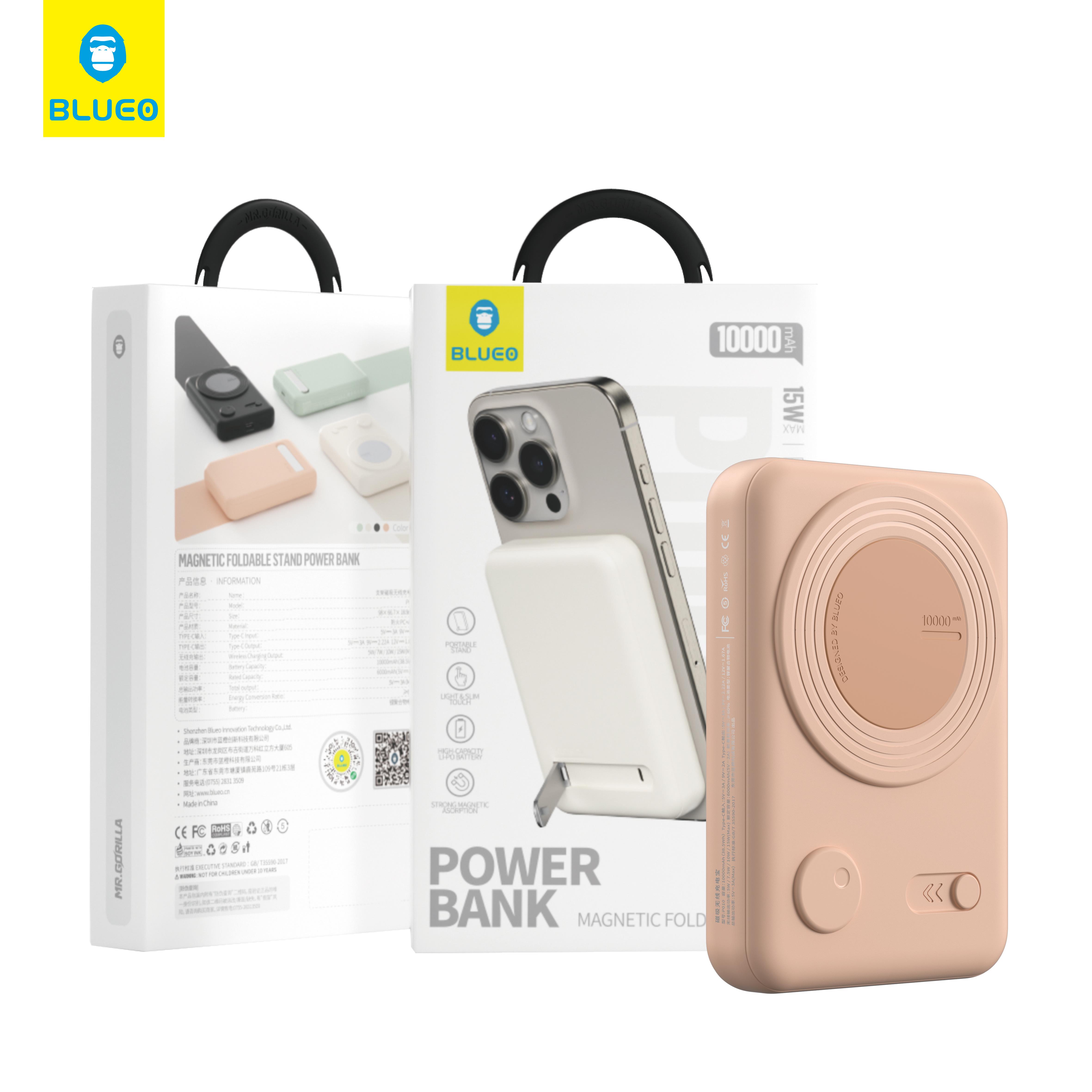 Blueo PD 20W Fast Hızlı MagSafe Uyumlu Stand Özellikli Kablosuz 10000 Mah Slim Powerbank Şarj Aleti Pembe