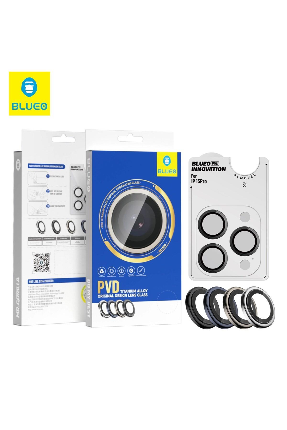 Blueo PVD iPhone 16 Pro Uyumlu Siyah Black Paslanmaz Çelik Çizik Işık Engelleyici Kamera Lens Koruyucu