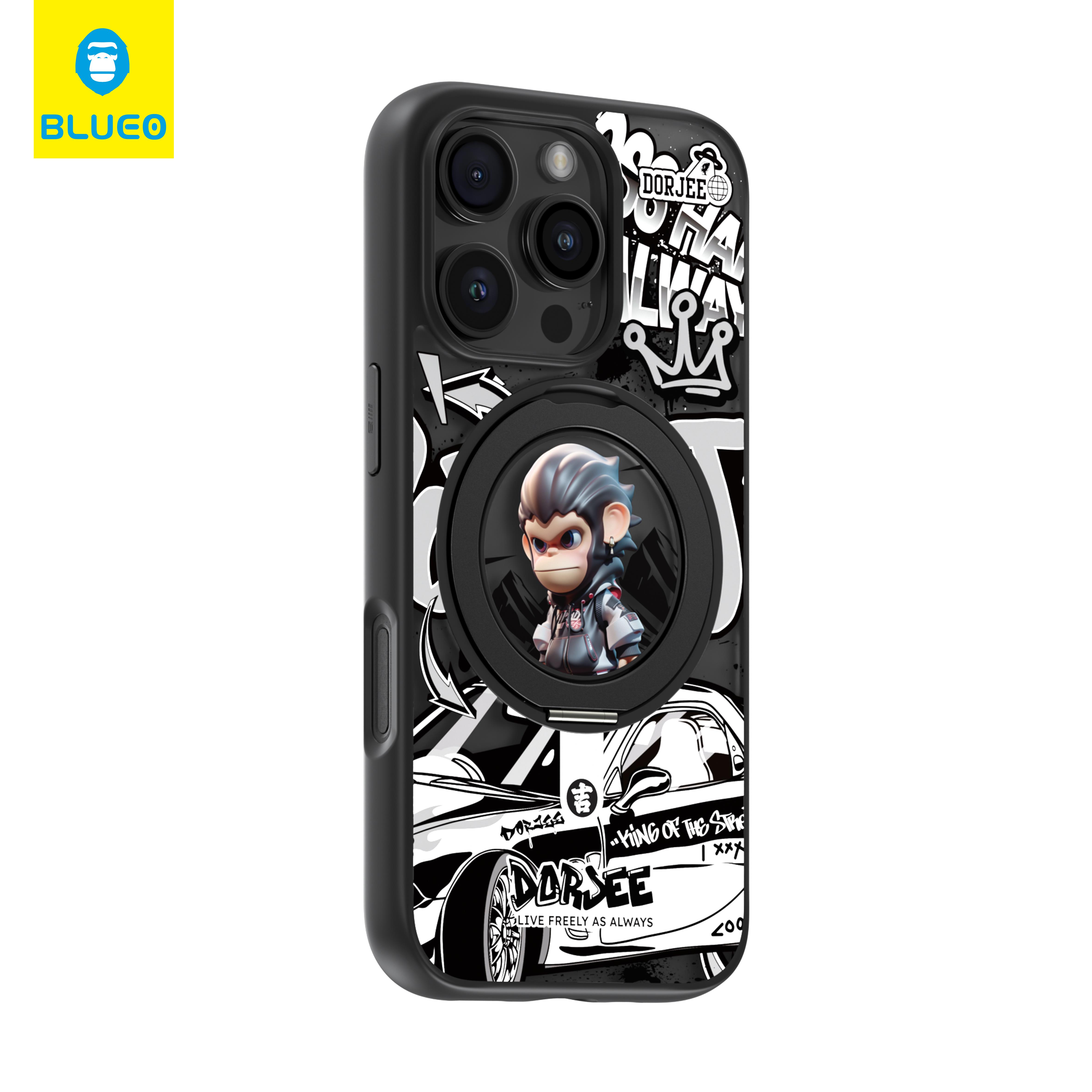 Blueo Skin Friendly Dorjee iPhone 16 Pro Uyumlu MagSafe Uyumlu Baskı Desenli Stand Özellikli Silikon Kılıf Siyah