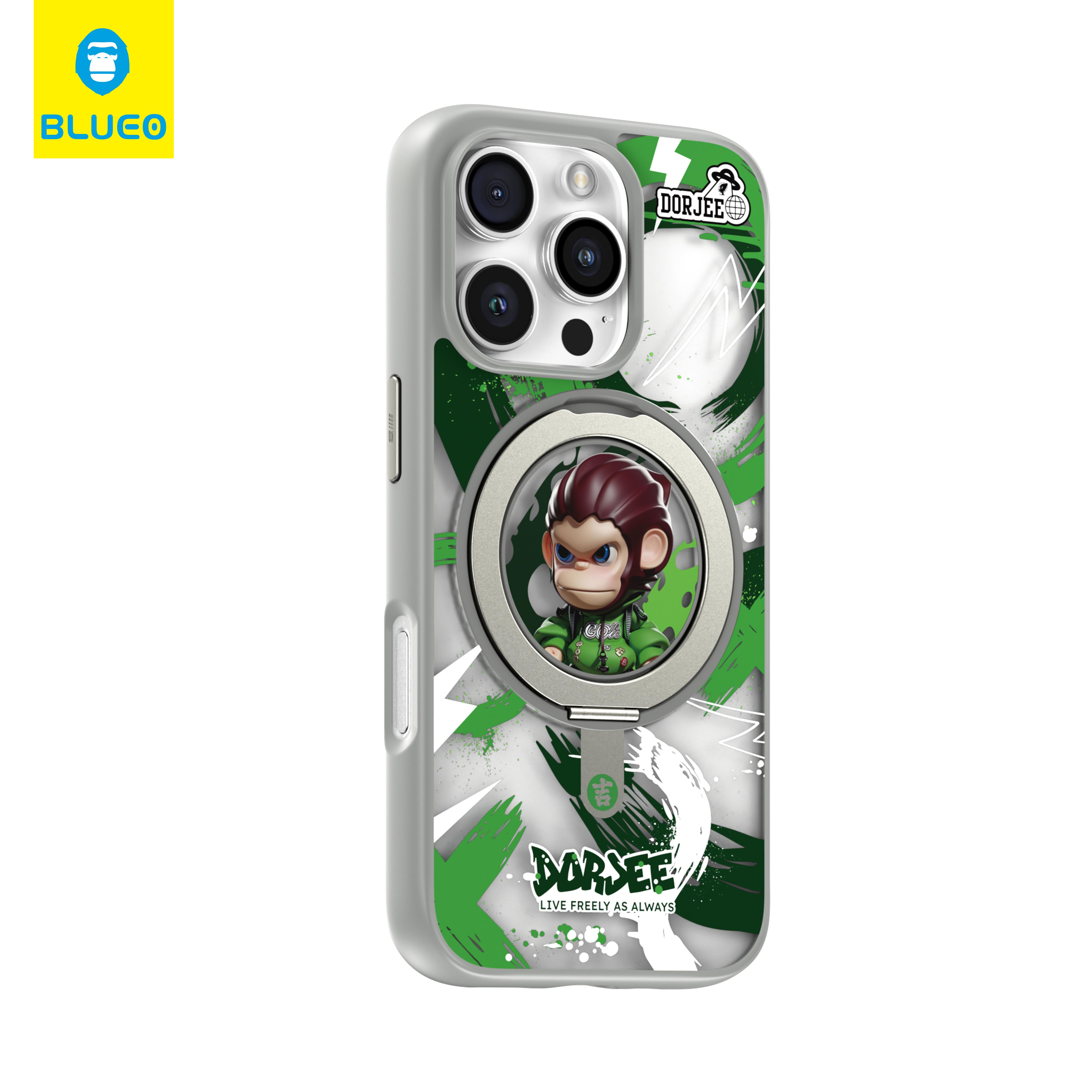 Blueo Skin Friendly Dorjee iPhone 16 Pro Max Uyumlu MagSafe Uyumlu Baskı Desenli Stand Özellikli Silikon Kılıf Gri