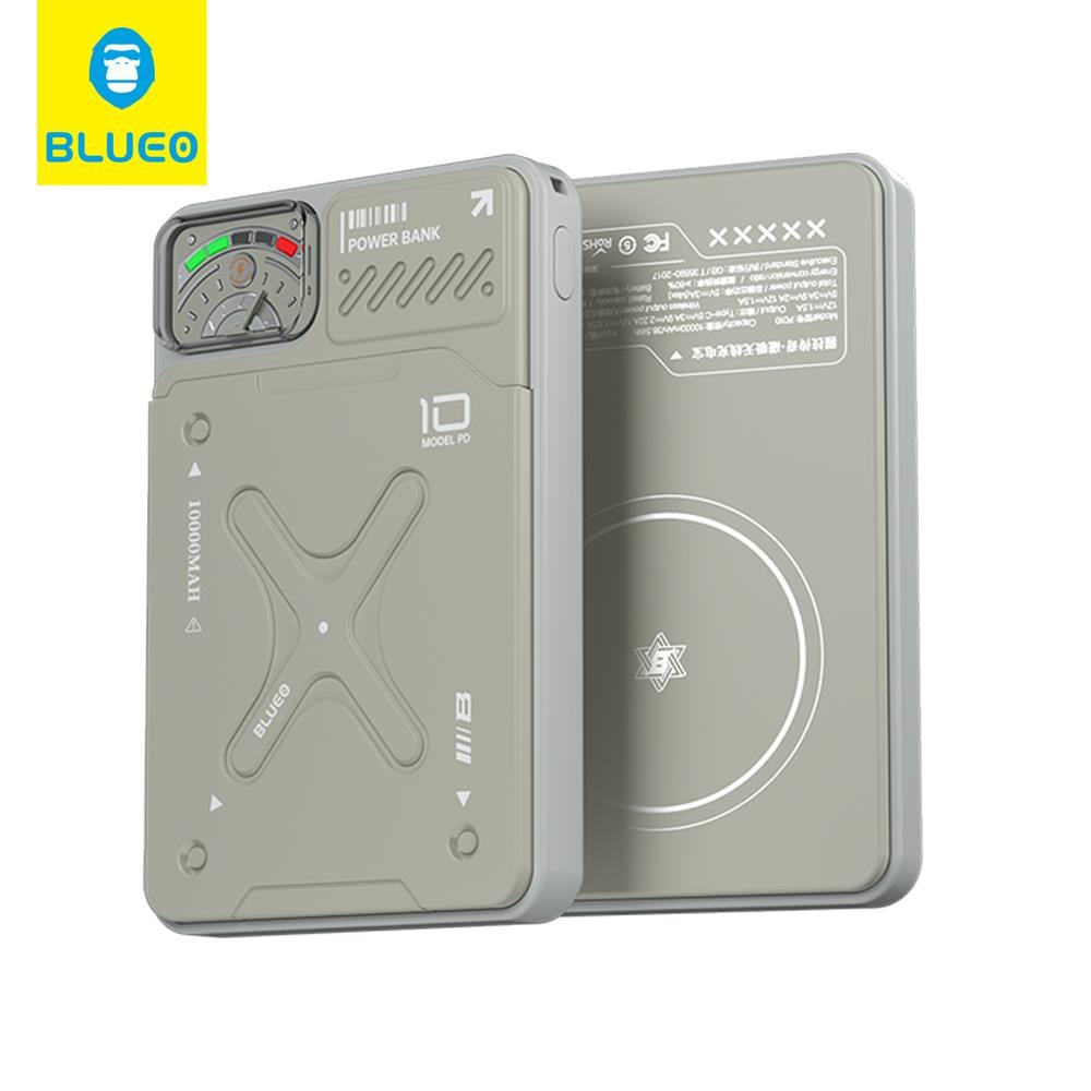 Blueo 22.5W MagSafe Uyumlu Type-C (USB-C) USB-A Çift Çıkışlı 10000 Mah Kablosuz Powerbank Şarj Aleti Gri