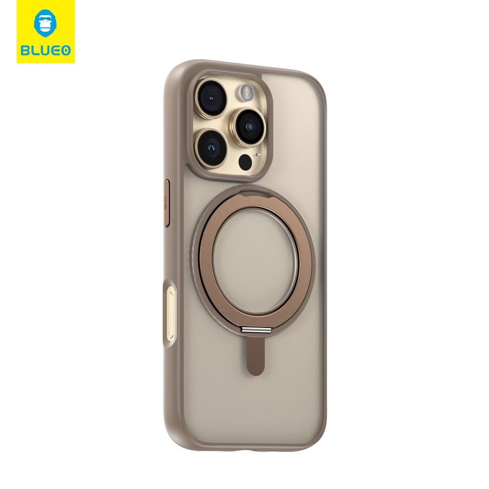 Blueo Friendly Rotatable iPhone 16 Pro Uyumlu MagSafe Mıknatıslı Tutucu Özellikli Buzlu Silikon Kılıf Gold