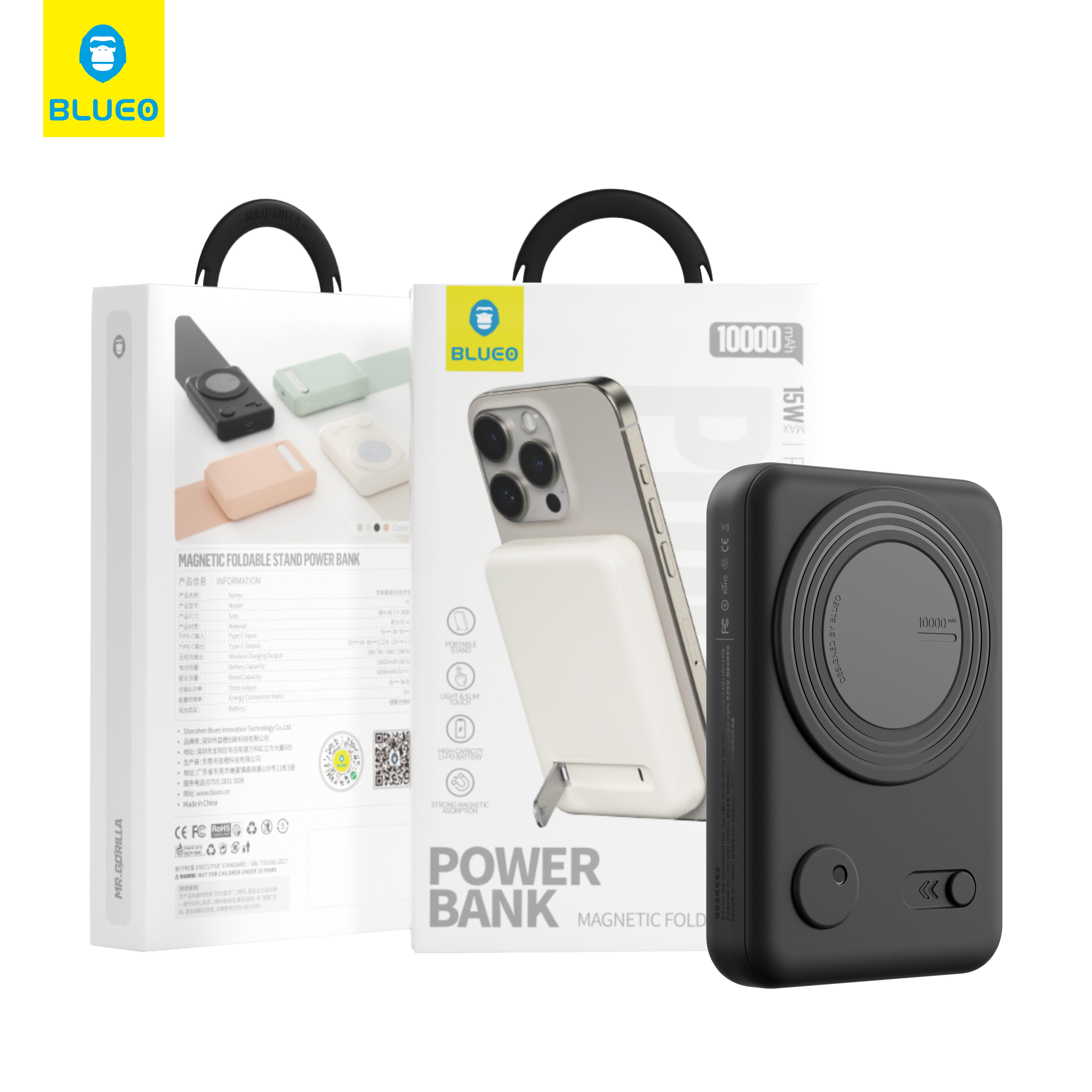 Blueo PD 20W Fast Hızlı MagSafe Uyumlu Stand Özellikli Kablosuz 10000 Mah Slim Powerbank Şarj Aleti Siyah