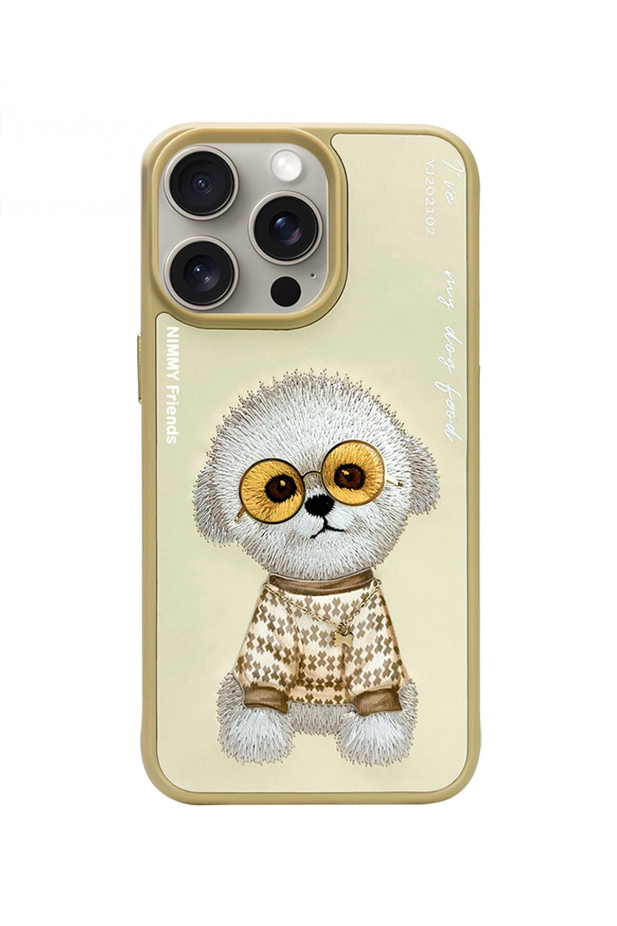 iPhone 14 Pro 3D Gerçek Nakış İşleme Kabartmalı Köpek Zincir Gözlük Detaylı Cool Glasses Kılıf