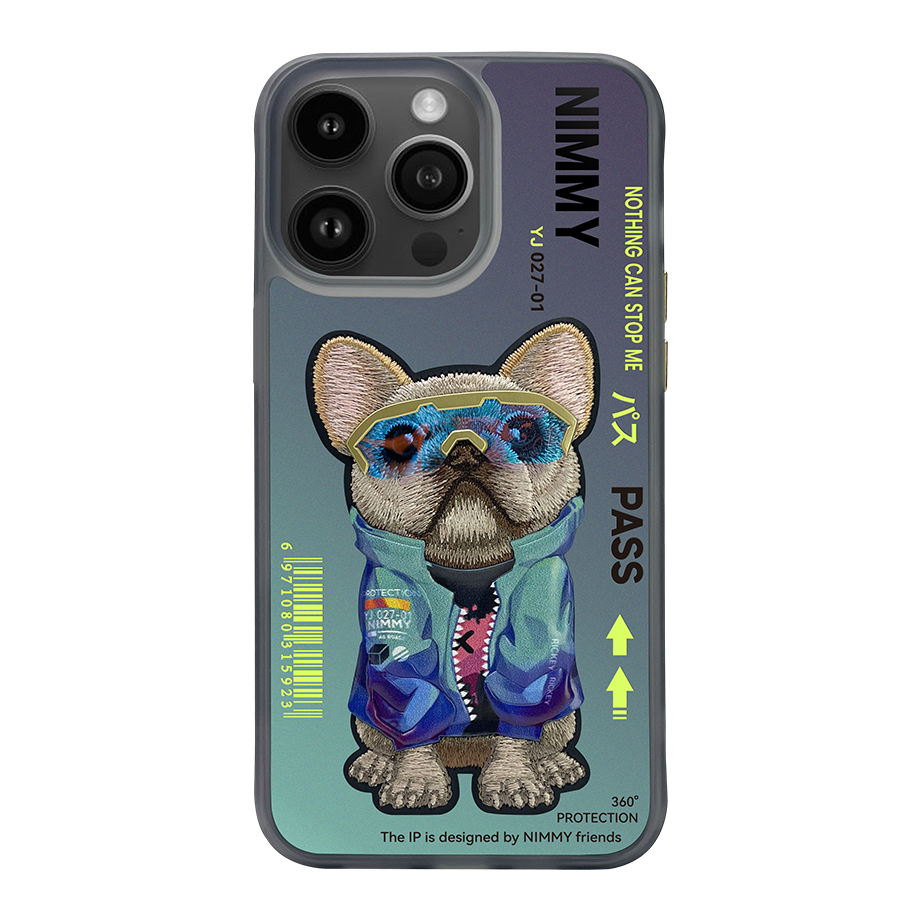 iPhone 14 Pro Max Parlak Zemin Üstüne Gerçek Nakış İşlemeli Gözlük Mont Detaylı 3D Animal Little Vulgar Rich Kılıf