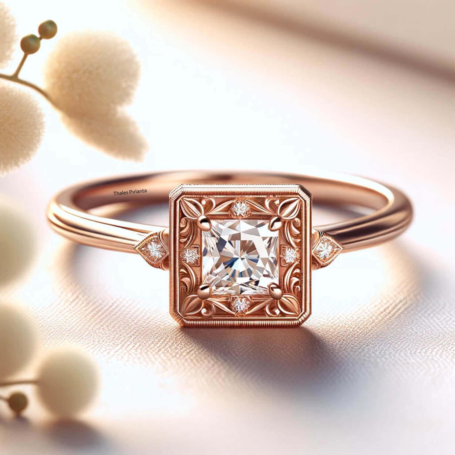 0,35 Karat Vintage Stil Prenses Pırlanta Yüzük