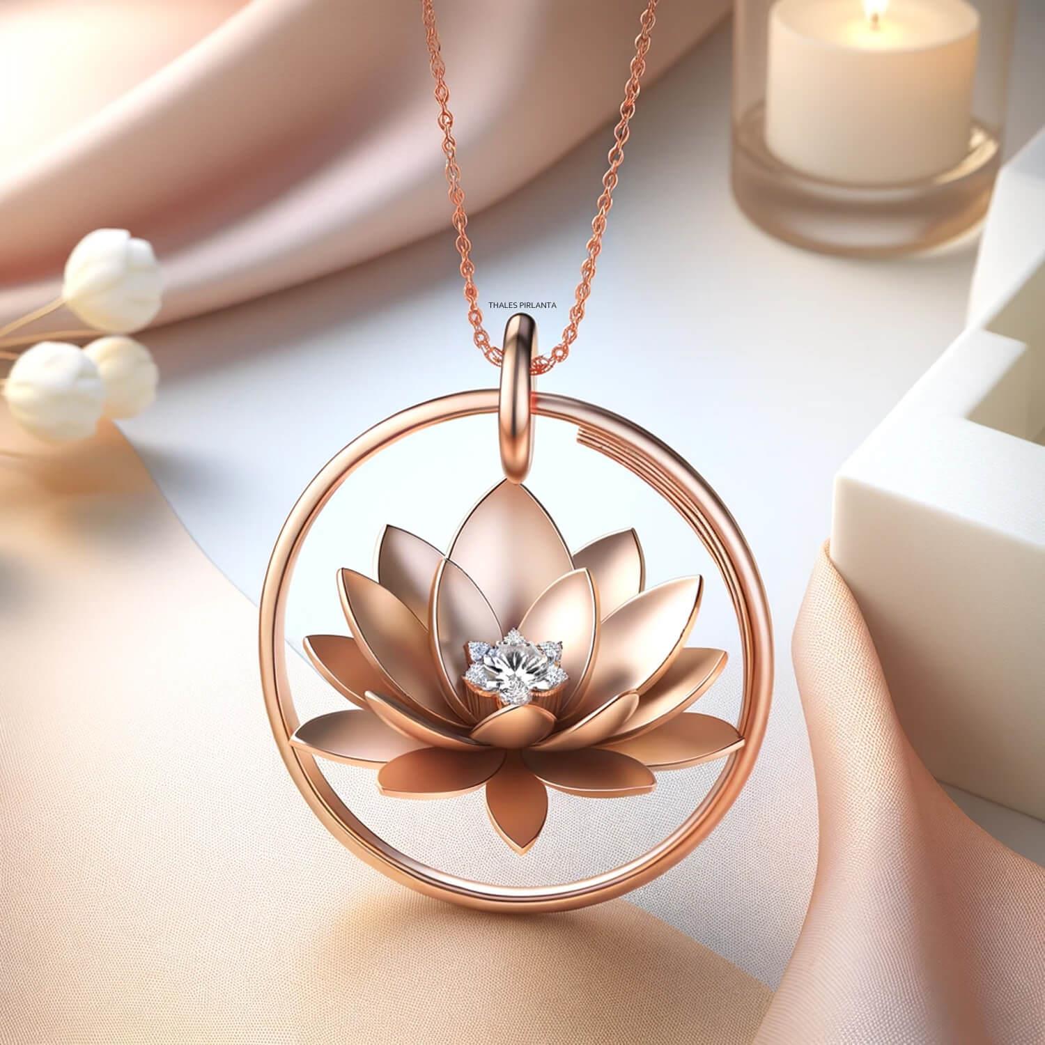 Pırlantalı Lotus Tasarım Kolye