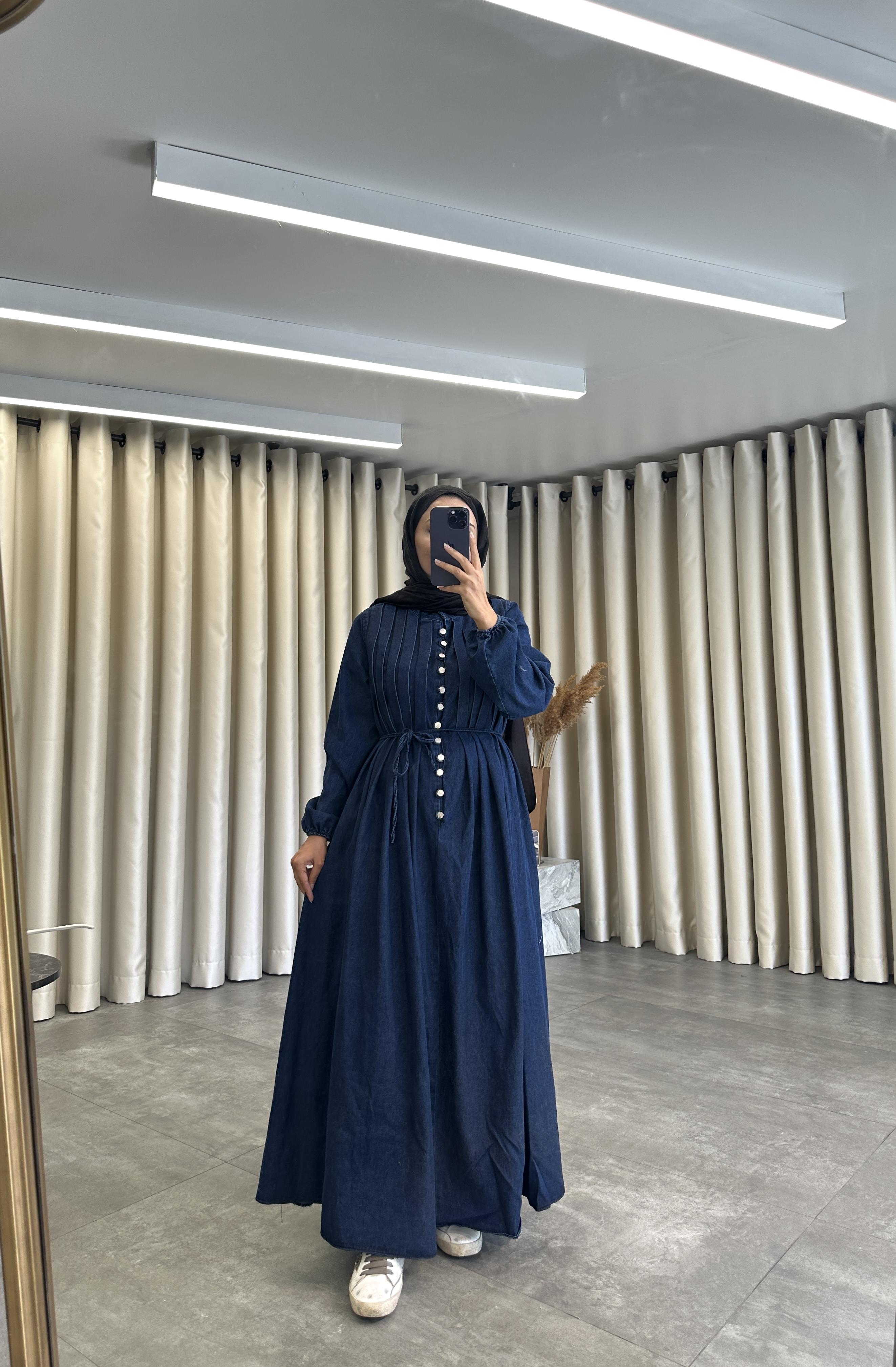 Elina Pileli Denim Koyu Mav Elbise 