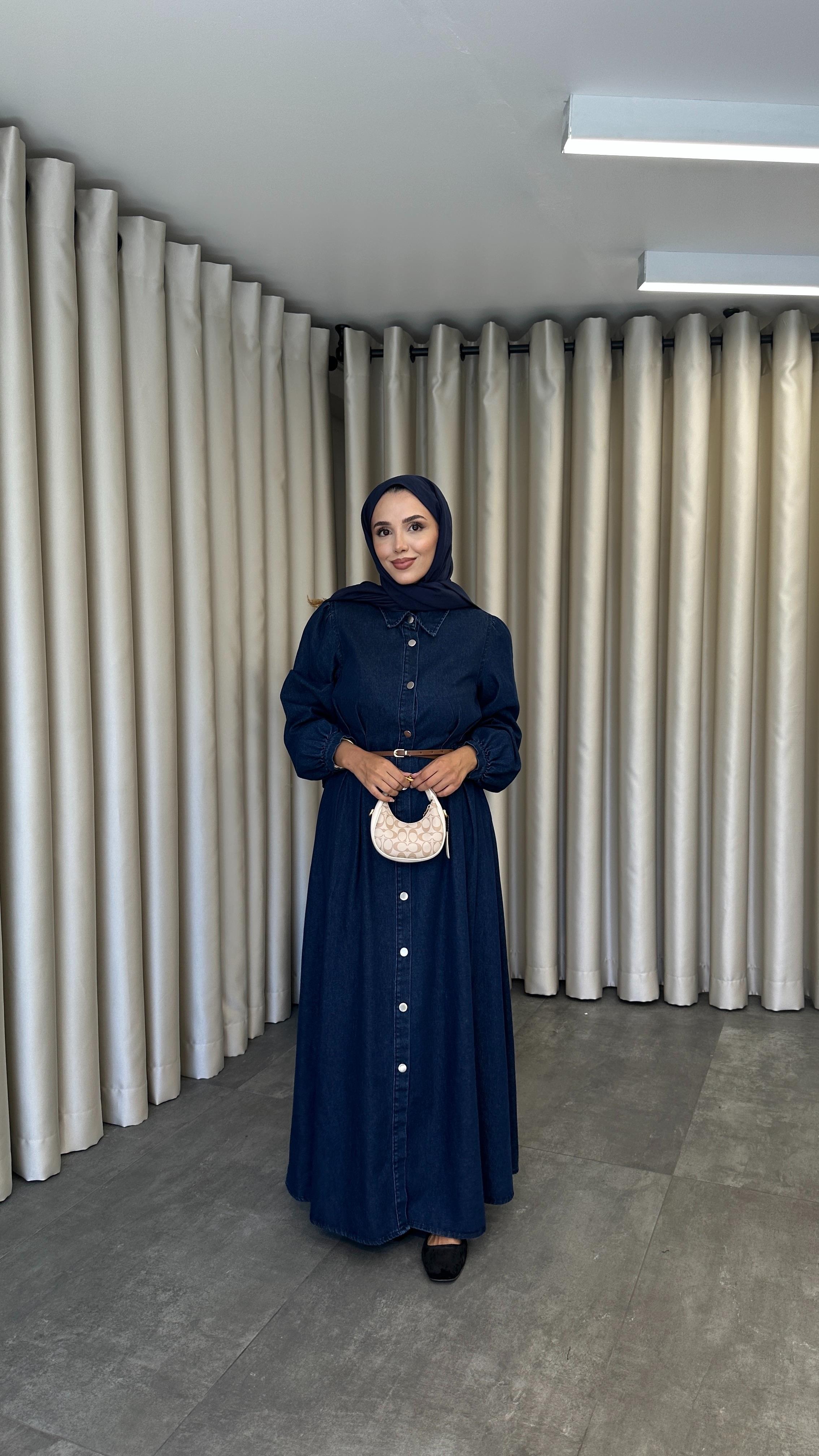 Mesa Düğmeli Denim Elbise Koyu Mavi
