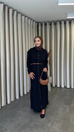 Leysa Düğmeli İpli Elbise Lacivert