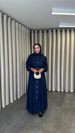Mesa Düğmeli Denim Elbise Koyu Mavi