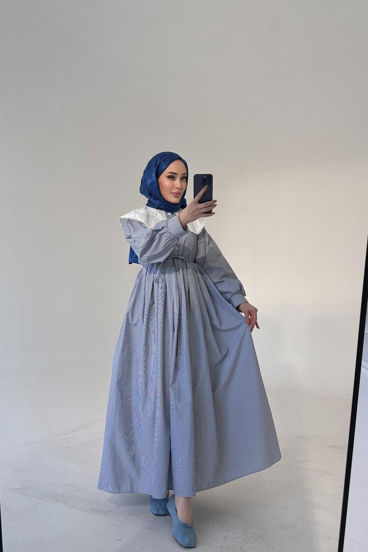 Bebe Yaka Poplin Elbise GRİ