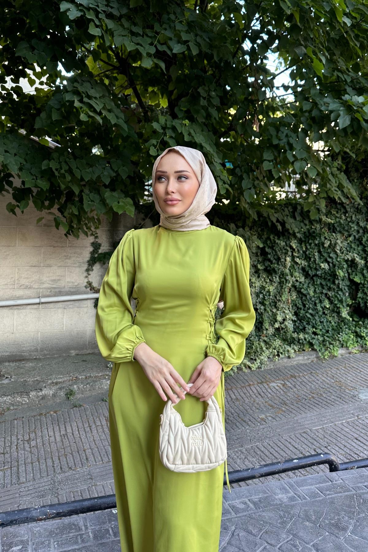 Bel Detay Saten Elbise YAĞ YEŞİL